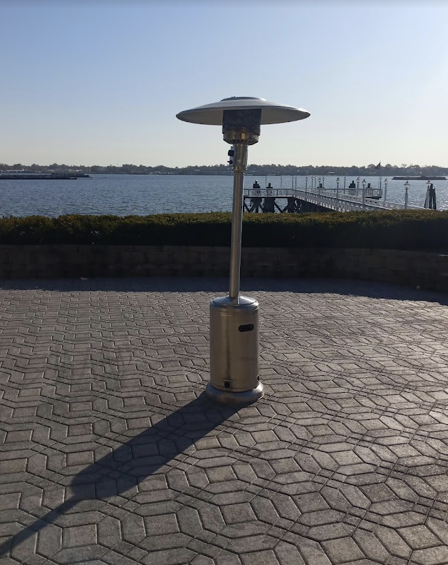 Stainless steel patio heater on a Manhattan waterfront terrace